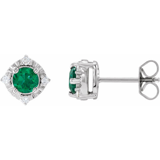 Sterling Silver Lab-Grown Emerald & .08 CTW Natural Diamond Halo-Style Earrings