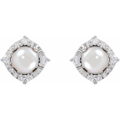 Sterling Silver Cultured White Freshwater Pearl & .08 CTW Natural Diamond Halo-Style Earrings