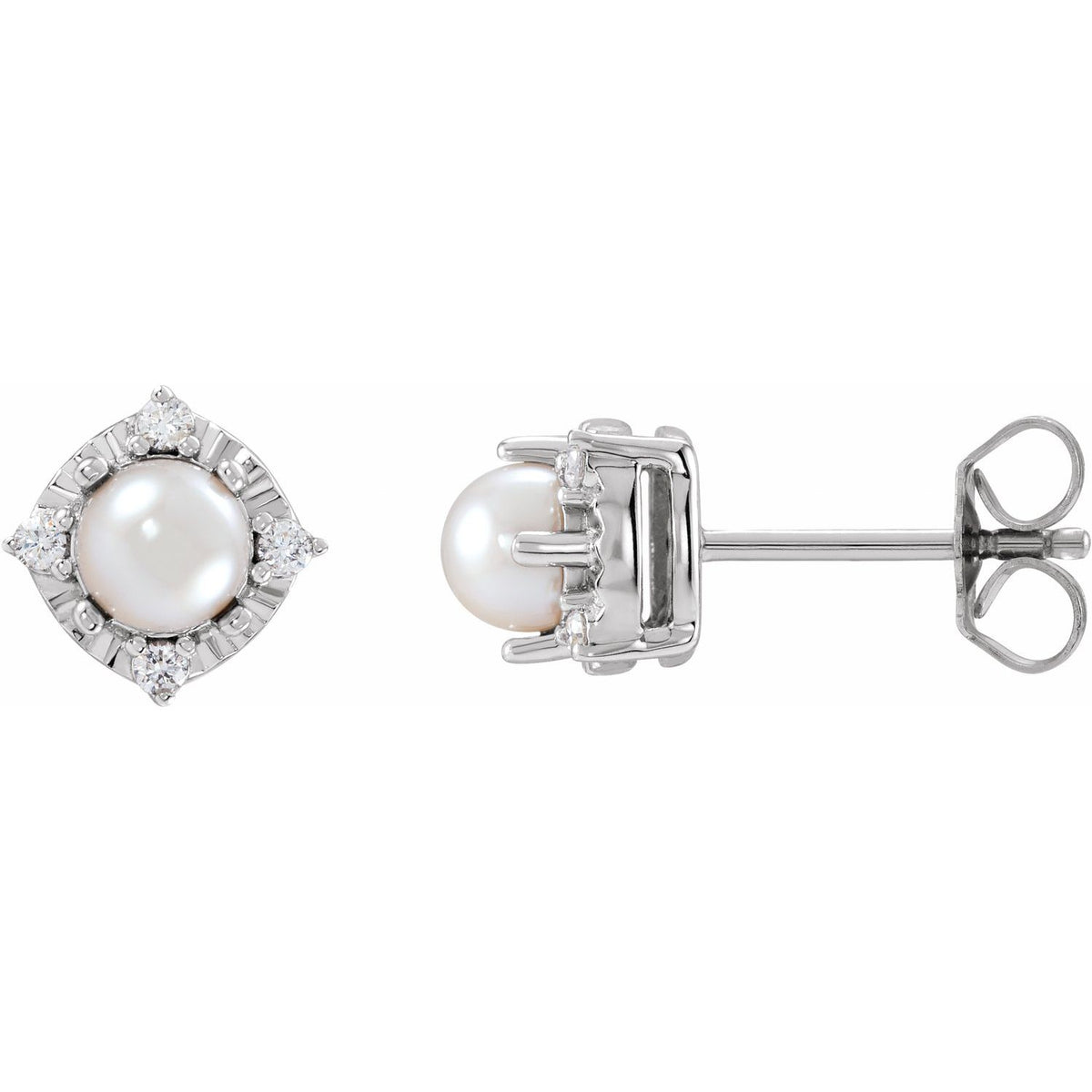 Sterling Silver Cultured White Freshwater Pearl & .08 CTW Natural Diamond Halo-Style Earrings