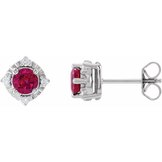 Sterling Silver Lab-Grown Ruby & .08 CTW Natural Diamond Halo-Style Earrings