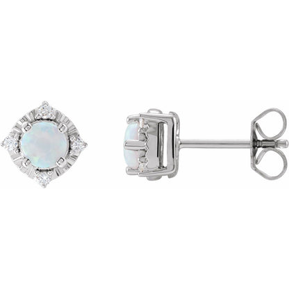 Lab-Grown White Opal & .08 CTW Natural Diamond Halo-Style Earrings