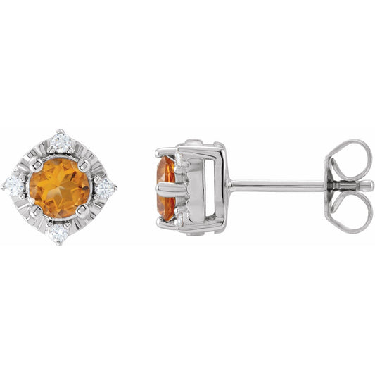 Sterling Silver Natural Citrine & .08 CTW Natural Diamond Halo-Style Earrings