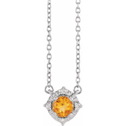 Sterling Silver Natural Citrine & .04 CTW Natural Diamond Halo-Style 18" Necklace
