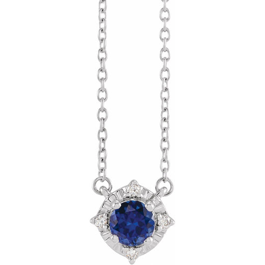 Sterling Silver Lab-Grown Blue Sapphire & .04 CTW Natural Diamond Halo-Style 18" Necklace