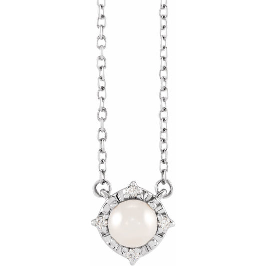 Sterling Silver Cultured White Freshwater Pearl & .04 CTW Natural Diamond Halo-Style 18" Necklace