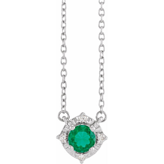 Lab-Grown Emerald & .04 CTW Natural Diamond Halo-Style 18" Necklace
