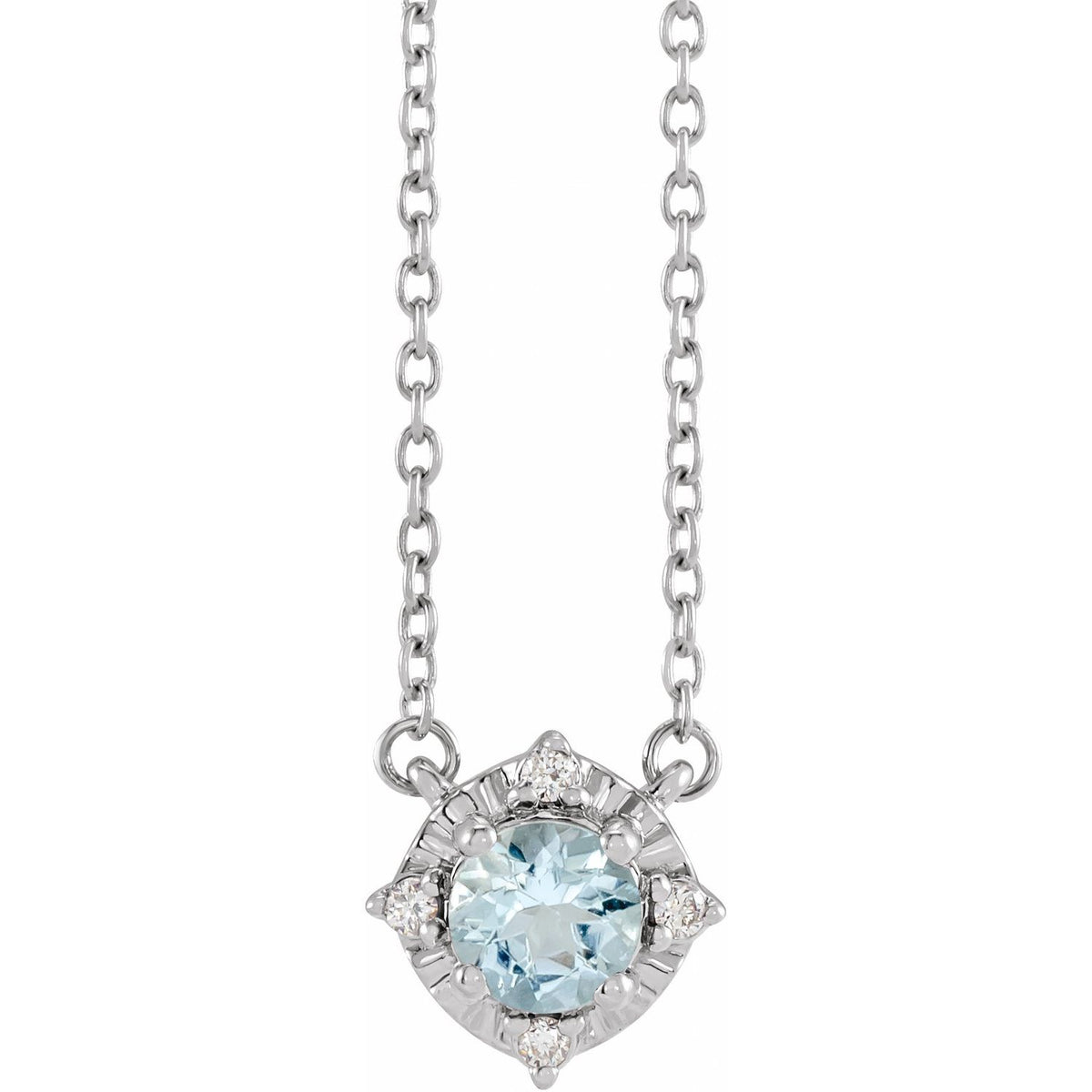 Sterling Silver Natural Aquamarine & .04 CTW Natural Diamond Halo-Style 18" Necklace