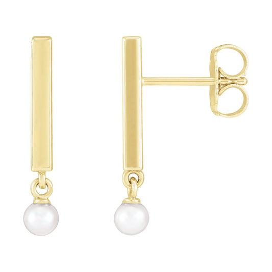 14K Yellow Gold Cultured White Seed Pearl Bar Earrings