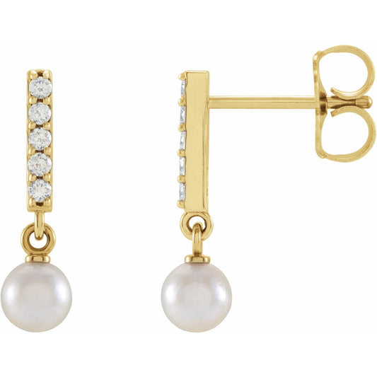 Cultured Akoya Pearl & .03 CTW Natural Diamond Bar Earrings