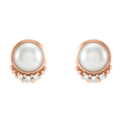 14K Rose Gold Cultured White Akoya Pearl & .02 CTW Natural Diamond Earrings