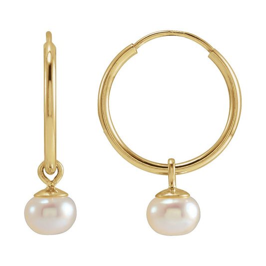 14K Yellow Gold Cultured White Freshwater Pearl Endless Hoop Earrings