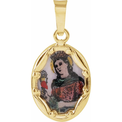 14K Yellow Gold 13x10 mm Oval Hand Painted Porcelain St. Barbara Medal