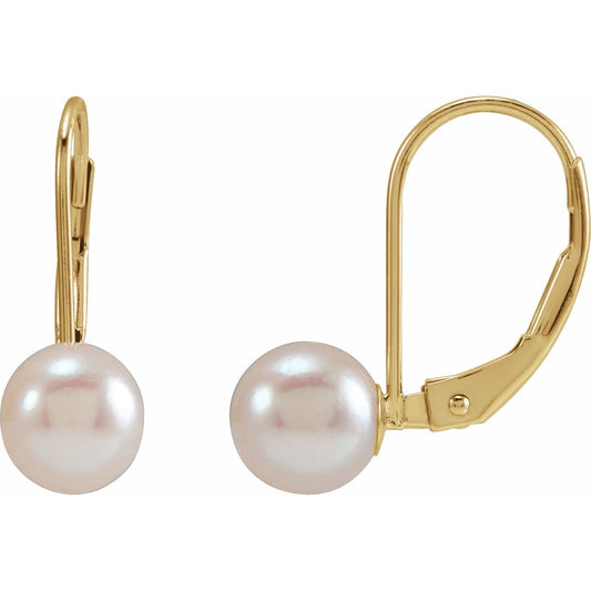 14K Yellow Gold Cultured White Akoya Pearl Lever Back Earrings