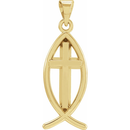 14K Yellow Gold 14x6 mm Ichthus with Cross Pendant