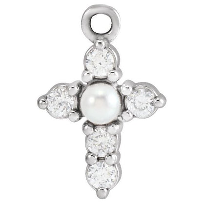 Cultured White Seed Pearl & .08 CTW Natural Diamond Cross Dangle