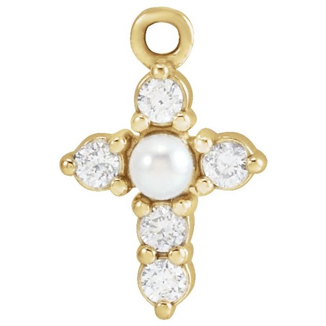 14K Yellow Gold Cultured Seed Pearl & .08 CTW Natural Diamond Cross Dangle