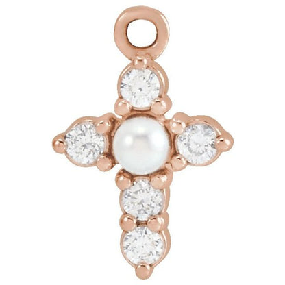 Cultured White Seed Pearl & .08 CTW Natural Diamond Cross Dangle