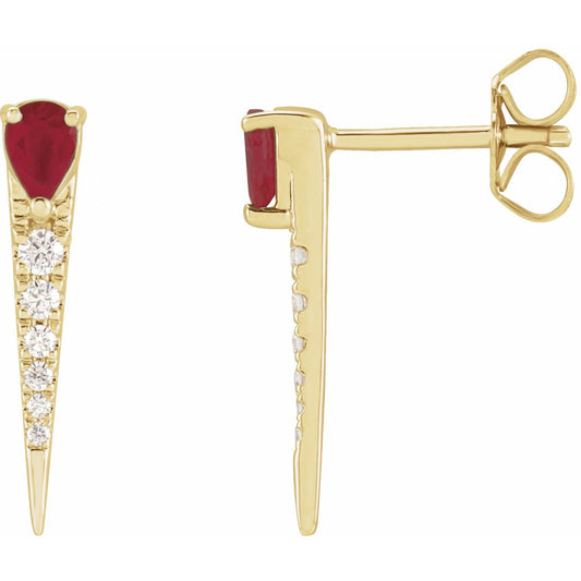 14K Yellow Gold Natural Ruby & 1/8 CTW Natural Diamond Spike Earrings