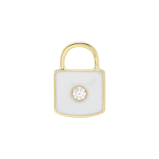 14K Yellow Gold .035 CT Natural Diamond & White Enamel Lock Charm/Pendant