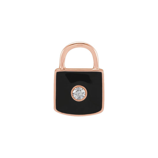 14K Rose Gold .035 CT Natural Diamond & Black Enamel Lock Charm/Pendant