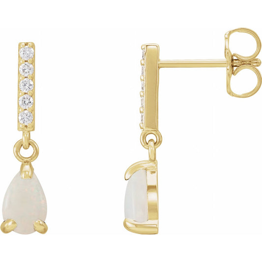 14K Yellow Gold Natural White Opal & .08 CTW Natural Diamond Earrings