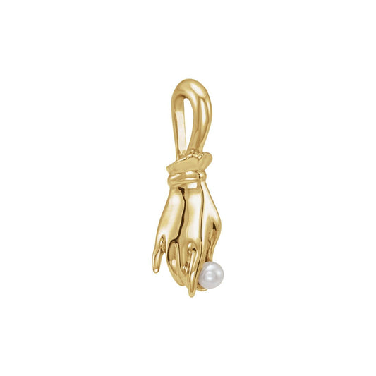 14K Yellow Gold Cultured White Seed Pearl Buddha Hand Pendant