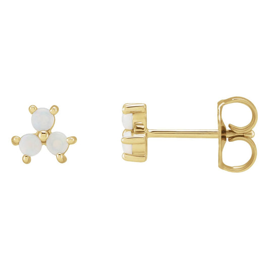 14K Yellow Gold White Opal Three-Stone Cabochon Earrings