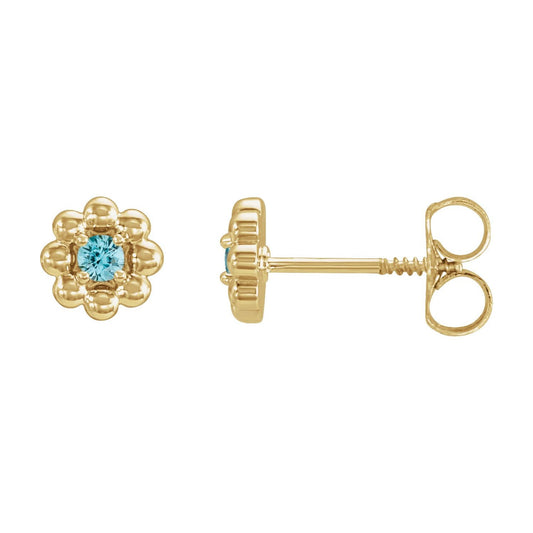 14K Yellow Gold Natural Blue Zircon Petite Flower Beaded Earrings