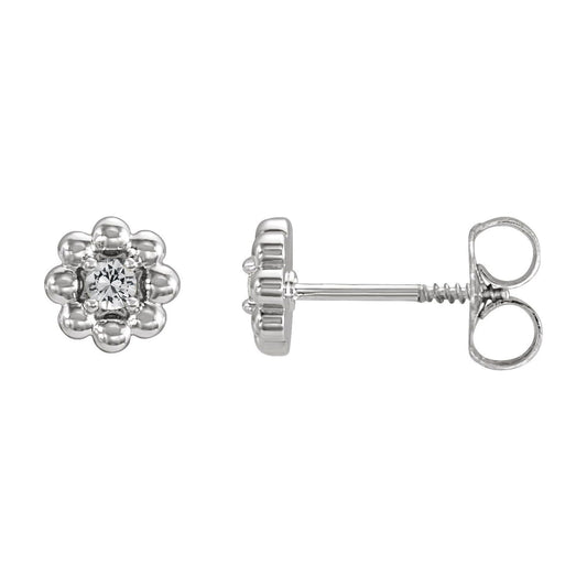14K White Gold Natural White Sapphire Petite Flower Beaded Earrings