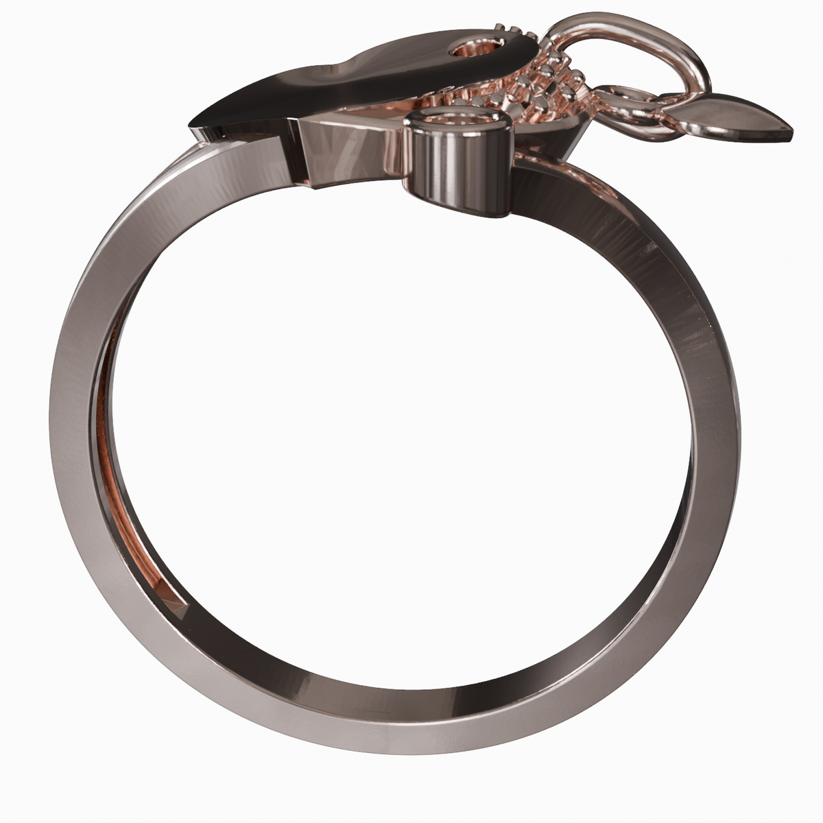 Crescent Reverie — Pavé Moon Ring with Leaf Charm, rose gold