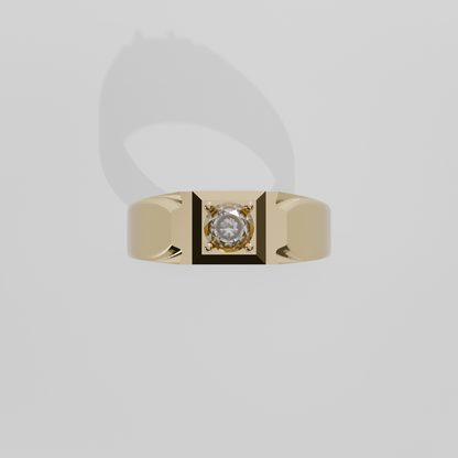 Men's Round Diamond Solitaire Ring - Polished Tapered Band - 0.47 ct - 14K Gold - Yellow - Flat