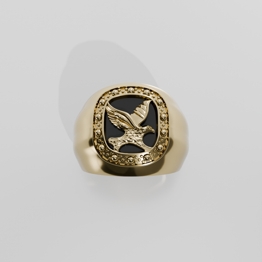 Men's Gold Eagle Signet Ring - Black Onyx Inlay with Beaded Halo - 14K Gold - Yellow - Hero