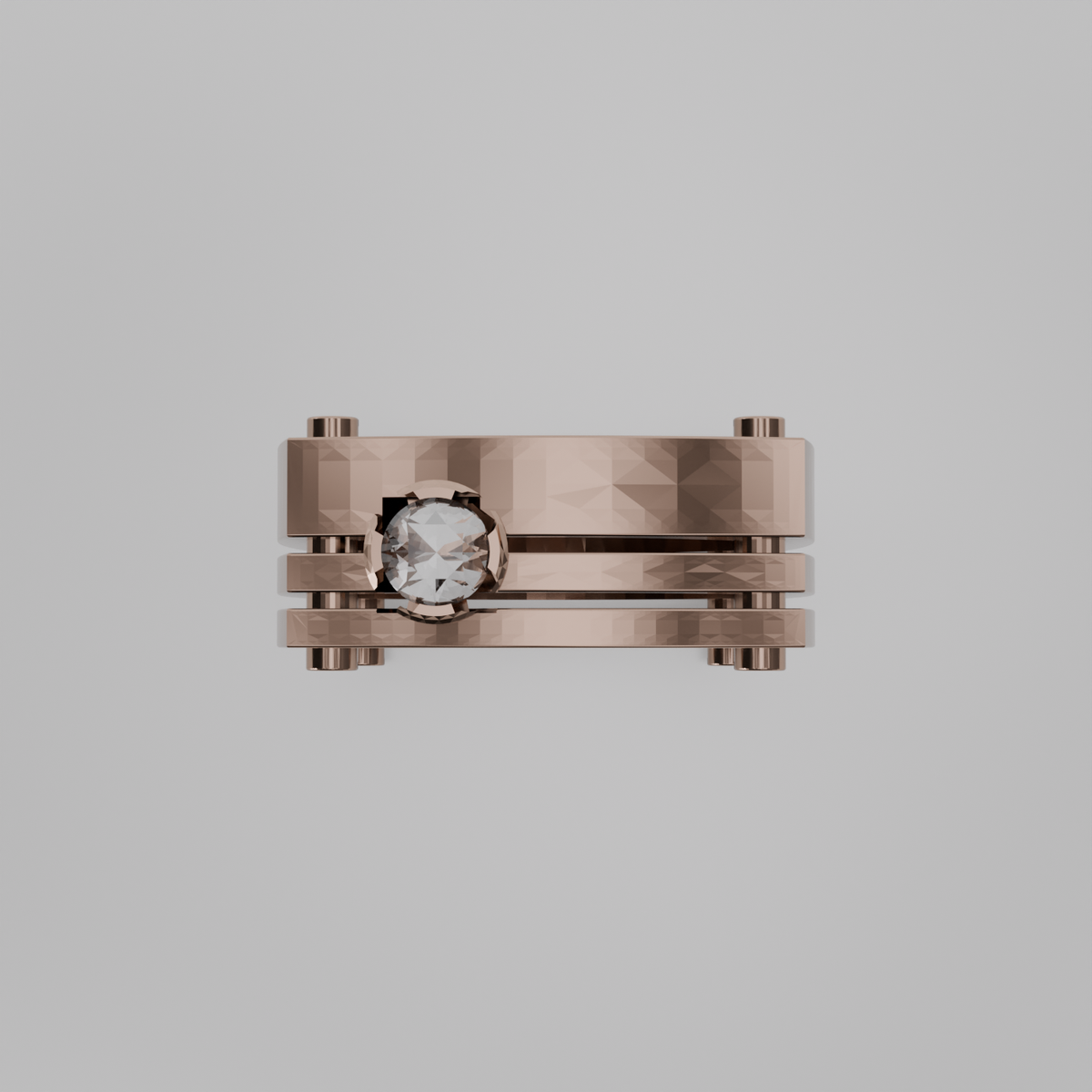 Men's round diamond openwork ladder band ring in rose gold, flat top view