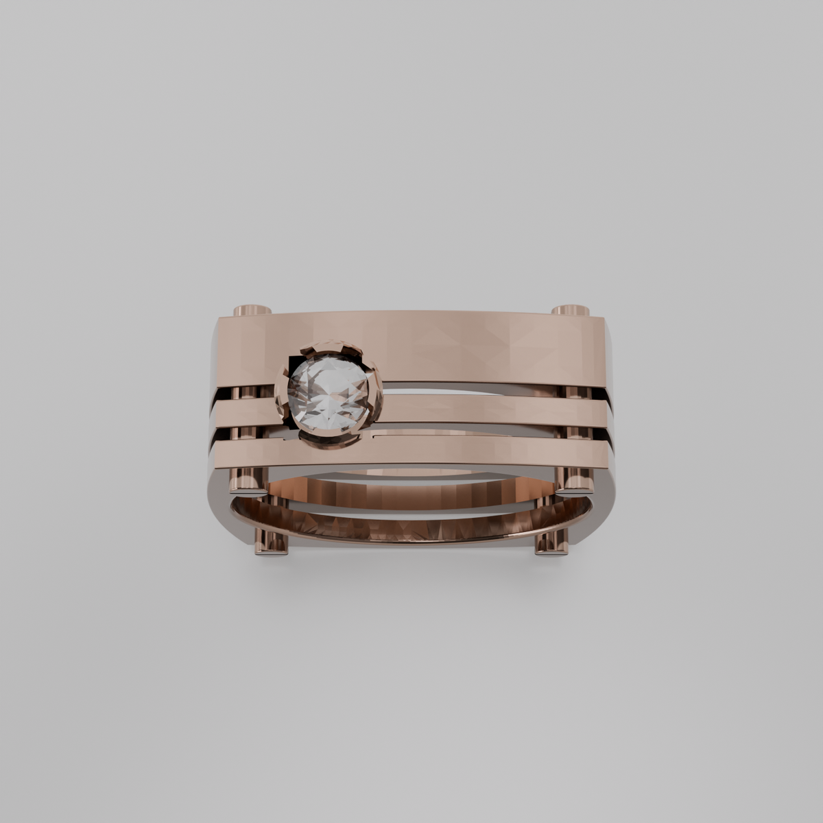Men's round diamond openwork ladder band ring in rose gold, top hero view