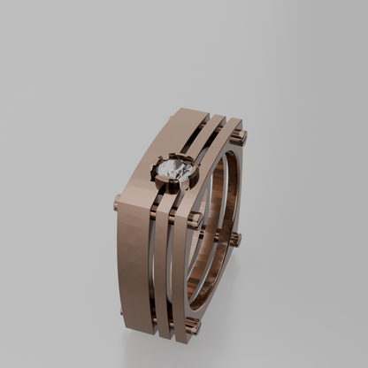 Men's round diamond openwork ladder band ring in rose gold, left side view