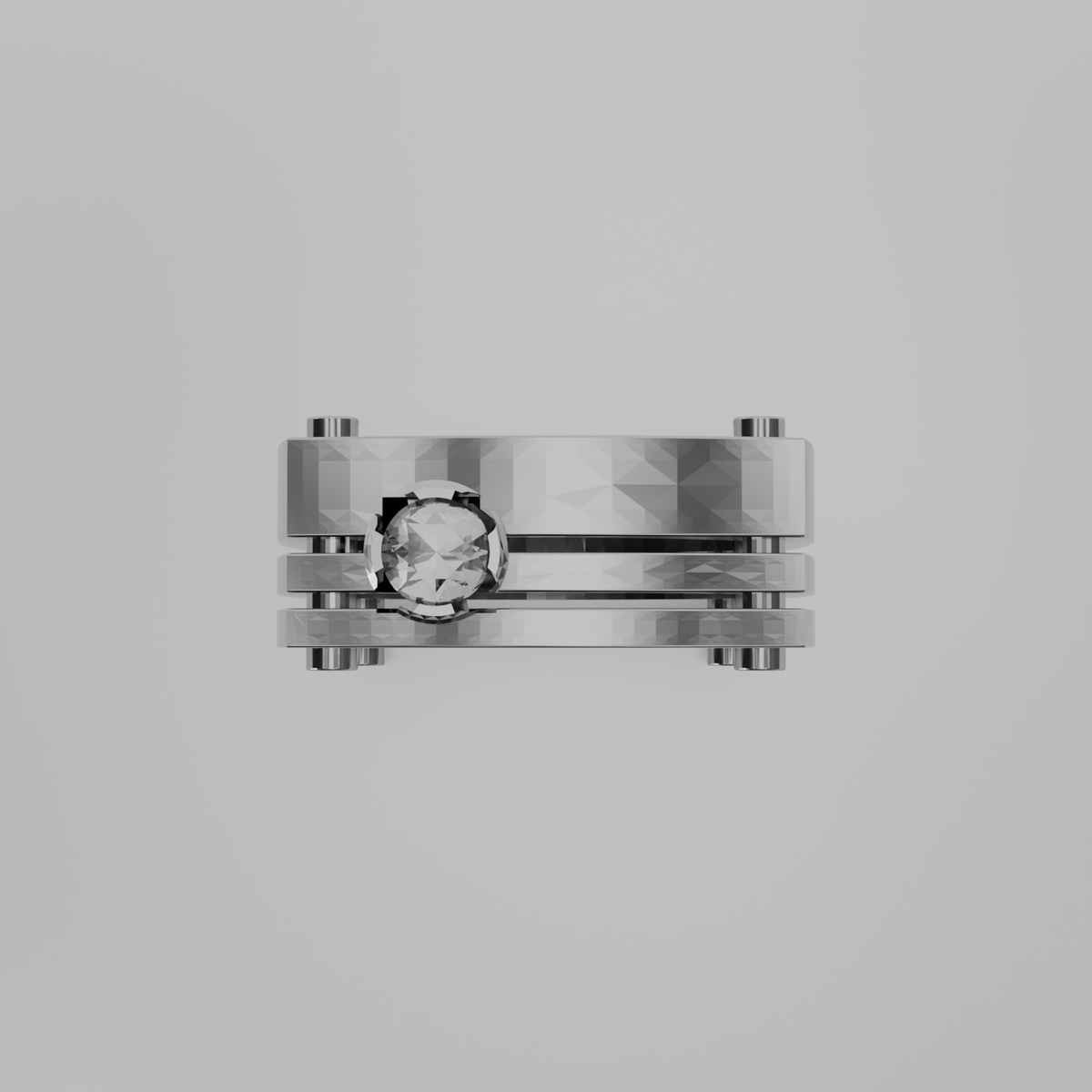 Men's round diamond openwork ladder band ring in white gold, flat top view