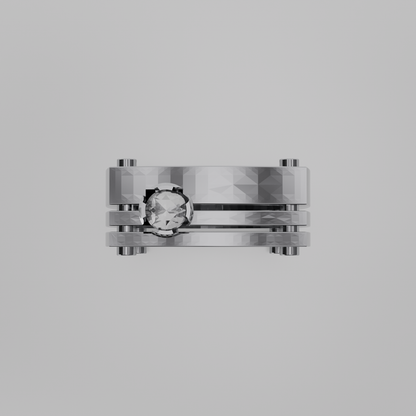 Men's round diamond openwork ladder band ring in white gold, flat top view