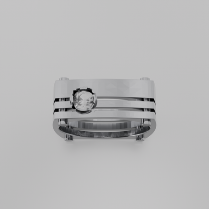 Men's round diamond openwork ladder band ring in white gold, top hero view