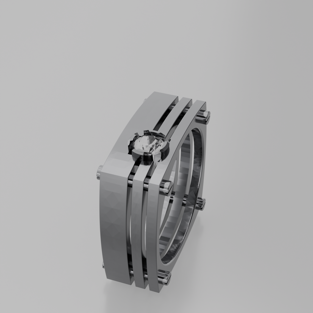 Men's round diamond openwork ladder band ring in white gold, left side view