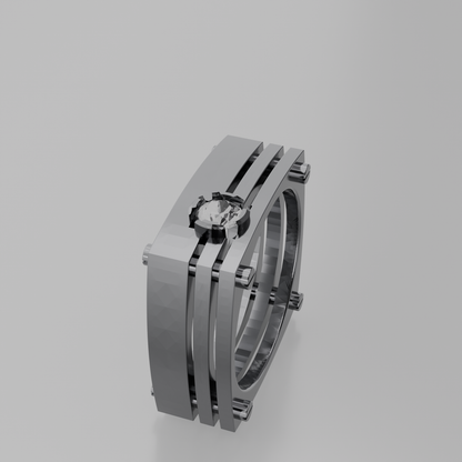 Men's round diamond openwork ladder band ring in white gold, left side view