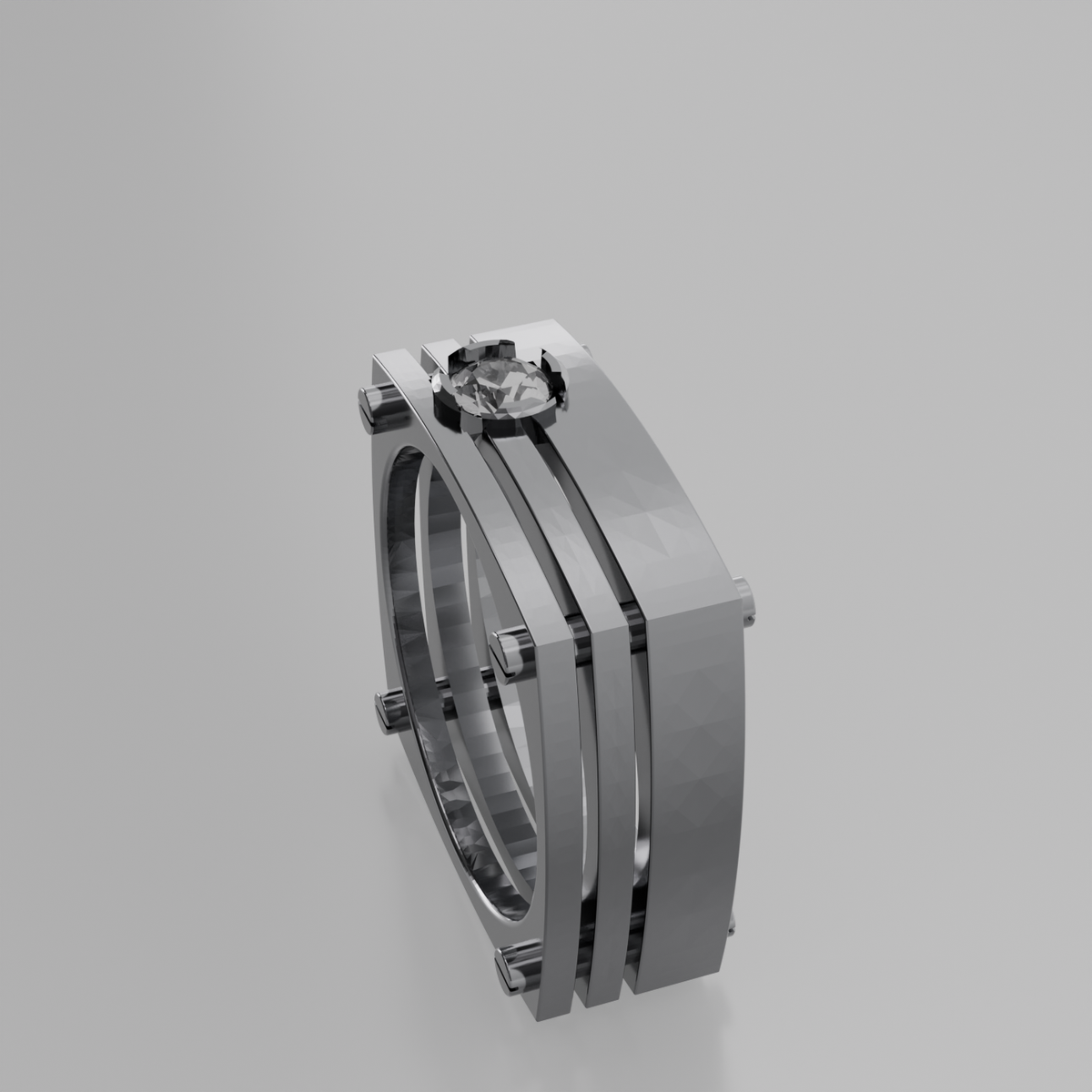 Men's round diamond openwork ladder band ring in white gold, right side view