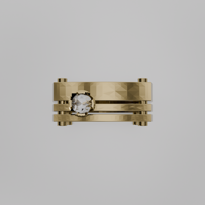 Men's round diamond openwork ladder band ring in yellow gold, flat top view