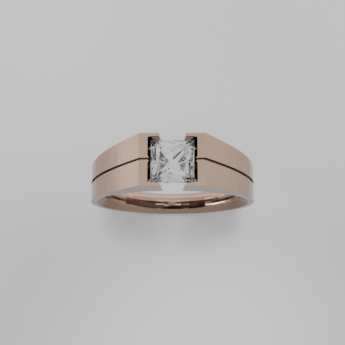 Men's princess-cut diamond tension ring in rose gold, top hero view