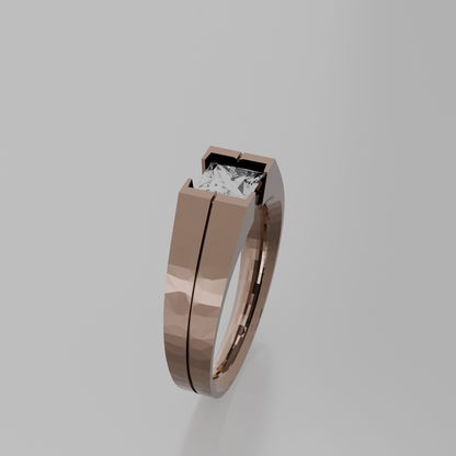 Men's princess-cut diamond tension ring in rose gold, left side view