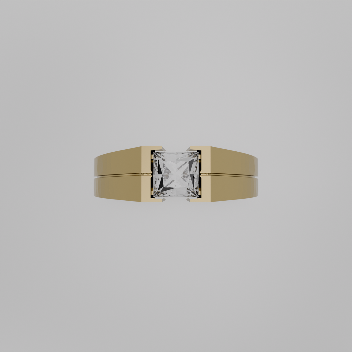 Men's princess-cut diamond tension ring in yellow gold, flat top view