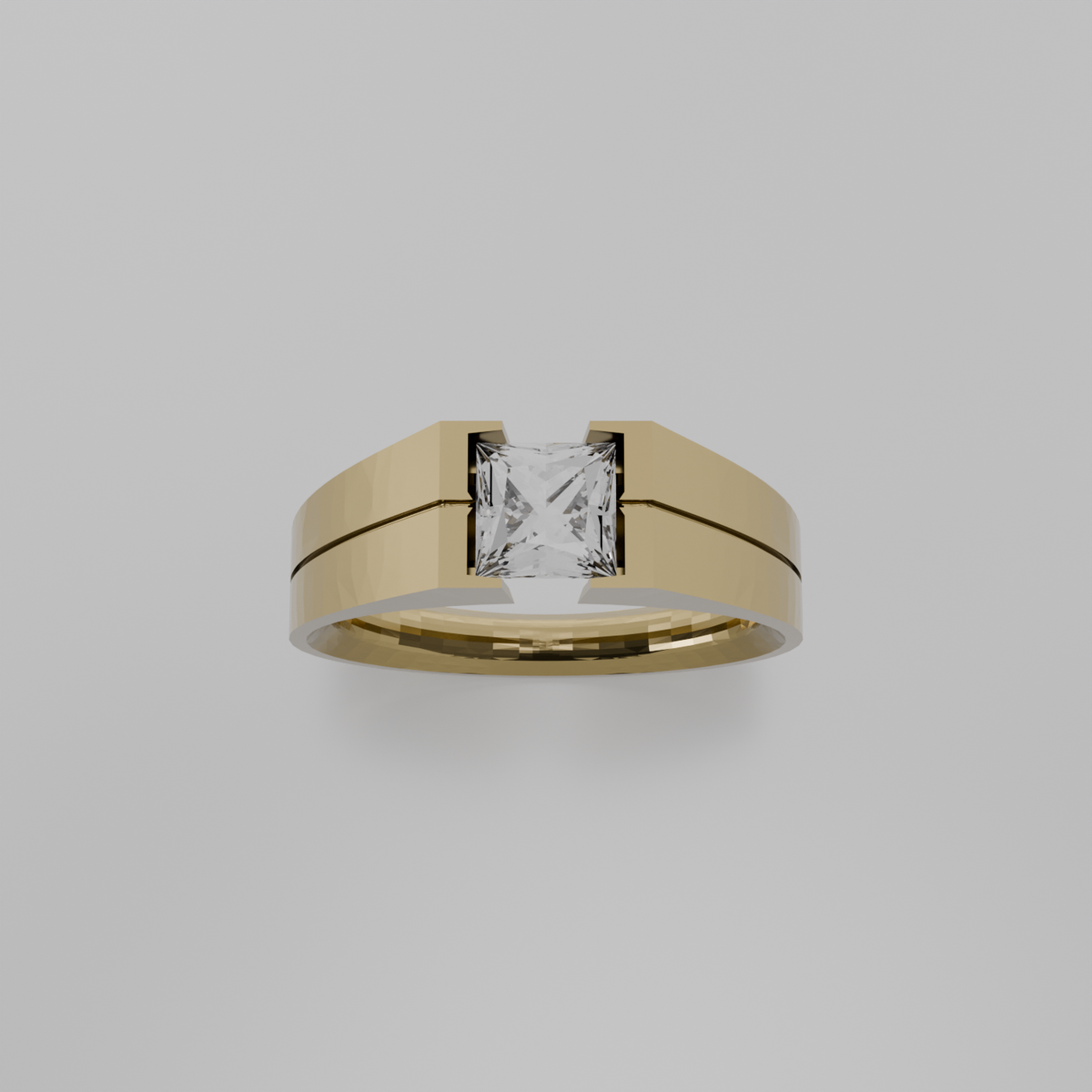 Men's princess-cut diamond tension ring in yellow gold, top hero view