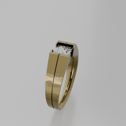 Men's princess-cut diamond tension ring in yellow gold, left side view