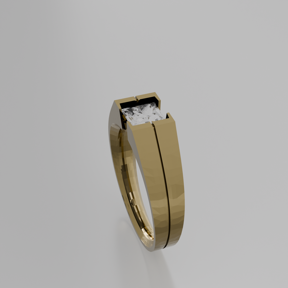Men's princess-cut diamond tension ring in yellow gold, right side view