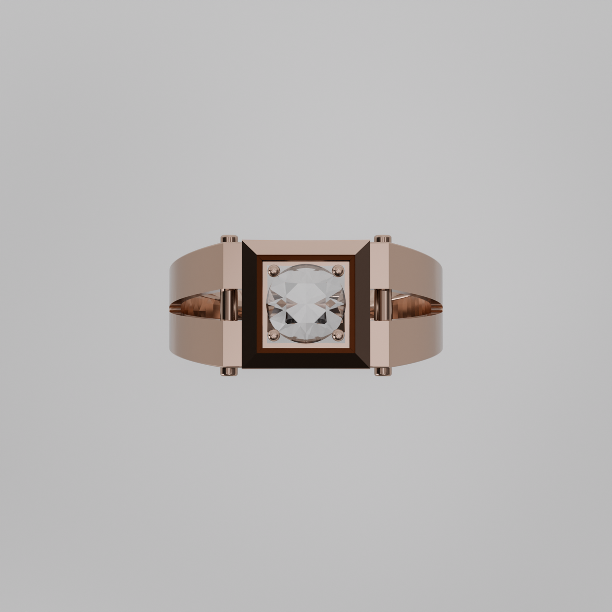 Men's round diamond square-frame ring in rose gold, flat top view