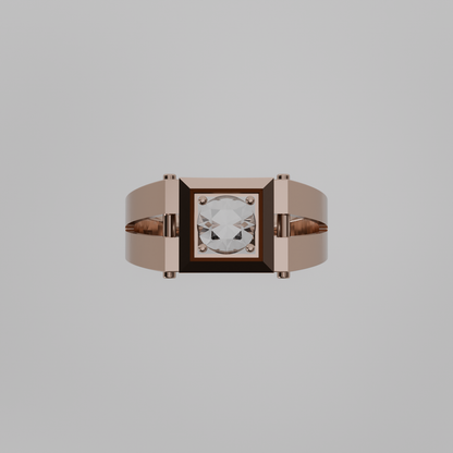 Men's round diamond square-frame ring in rose gold, flat top view